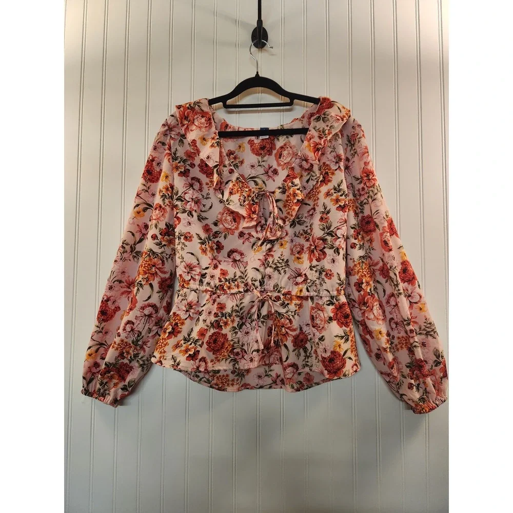 Old Navy Women Blush Floral Ruffle Babydoll  Blouse Size L Fairy Whimsical Flowy